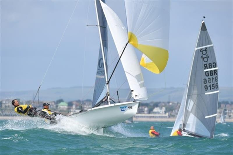 Andy Smith and Tim Needham blast downwind at the 2016 SAP 5O5 World Championships at the Weymouth and Portland National Sailing Academy, the venue of this years UK National and European Championships photo copyright Christophe Favreau taken at Weymouth & Portland Sailing Academy and featuring the 505 class