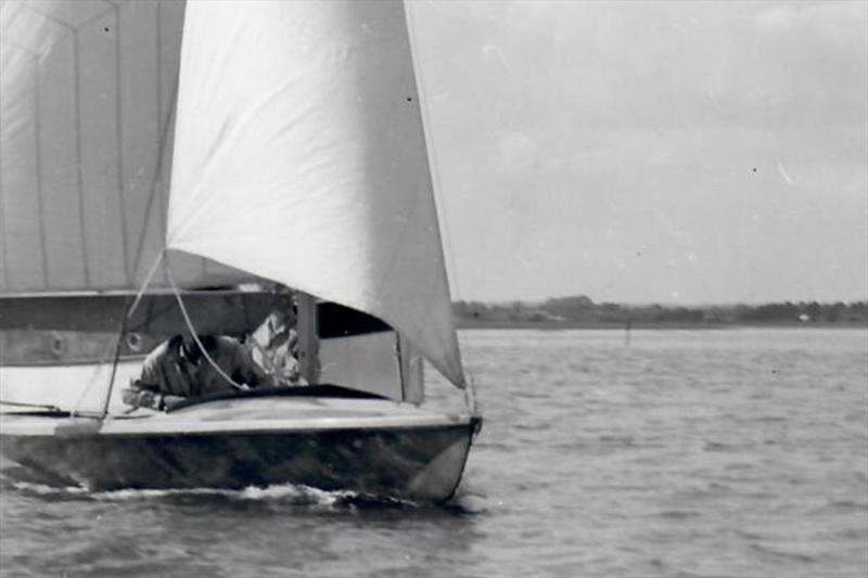 A very rare picture of Coronet, the boat that would go on to become the 5o5, sailing on Chichester Harbour close by Hayling Island Sailing Club. The boat featured many innovations (note the deep section ‘speed boom' and the mainsail cut) photo copyright G. Donald taken at Hayling Island Sailing Club and featuring the 505 class