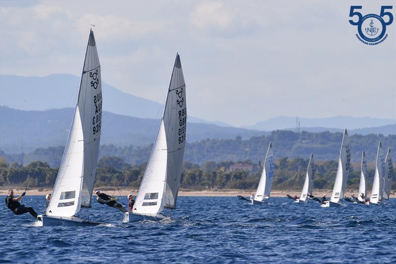 Race 1 with Michael Quirk and Tim Needham leading Roger Gilbert and Ian Mitchell - 505 European Championship in Spain photo copyright Christophe Favreau / www.christophefavreau.com taken at Club Nàutic Estartit and featuring the 505 class
