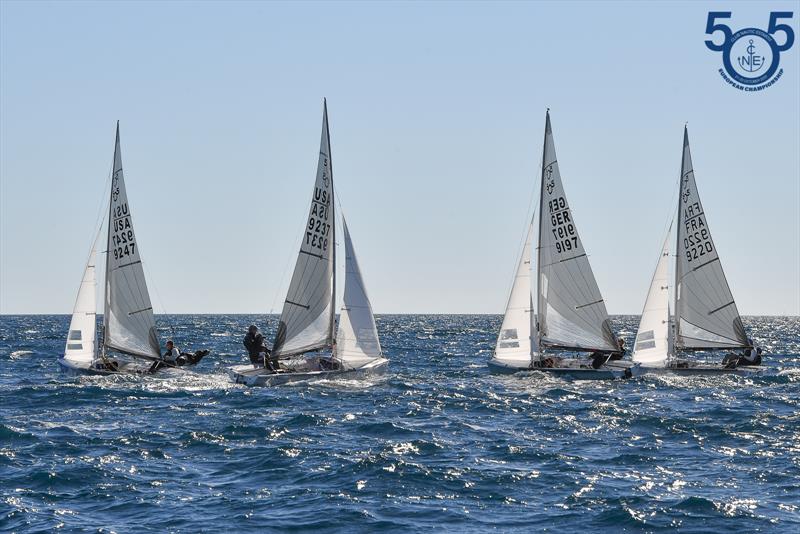 Race 1 upwind leg - 505 European Championship in Spain photo copyright Christophe Favreau / www.christophefavreau.com taken at Club Nàutic Estartit and featuring the 505 class