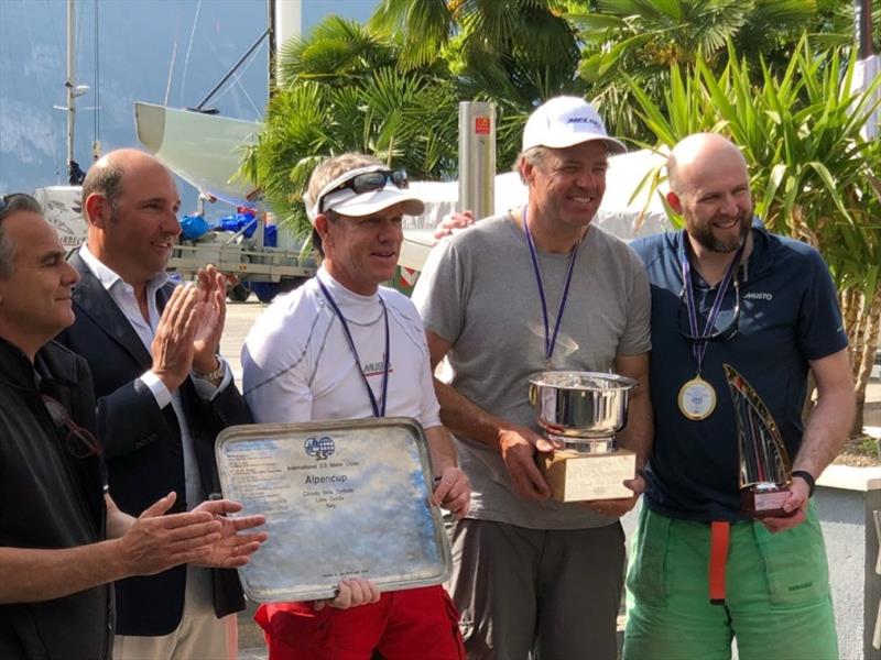Kristian Nergaard with the Alpen Cup Trophy, Johan Barne with the Trofeo Franco Santoni and Trond Solli Sæther - photo © 5.5mR Class Association