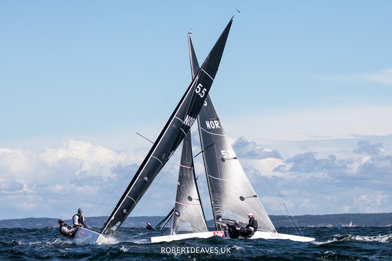 Otto crosses Artemis in race 5 of the 5.5 World Championship 2022 - Day 4 photo copyright Robert Deaves taken at Hankø Yacht Club and featuring the 5.5m class