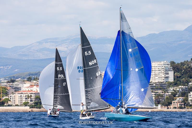 Close downwind in Race 6 - 2022 5.5 Metre French Open at the Regates Royales in Cannes photo copyright Robert Deaves taken at Yacht Club de Cannes and featuring the 5.5m class