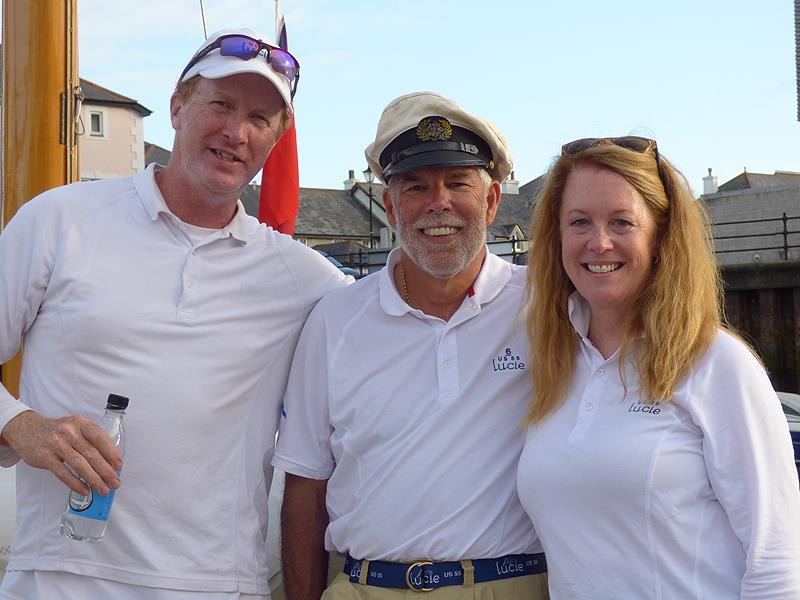 The 85th birthday party of the Six Metre Lucie (l to r) Jamie Hilton Sr, Matt Brooks, Pam Rorke-Levy on day 2 of the International 6m European Championships photo copyright Fiona Brown / www.fionabrown.com taken at Royal Cornwall Yacht Club and featuring the 6m class