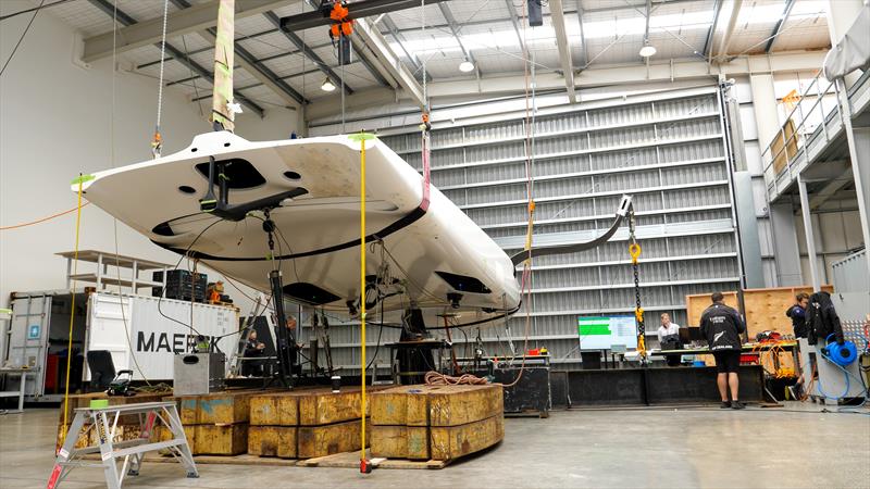 Emirates Team NZ's AC40 is set up for stress testing at the team's Auckland base - September 2022 photo copyright Emirates Team NZ taken at Royal New Zealand Yacht Squadron and featuring the AC40 class