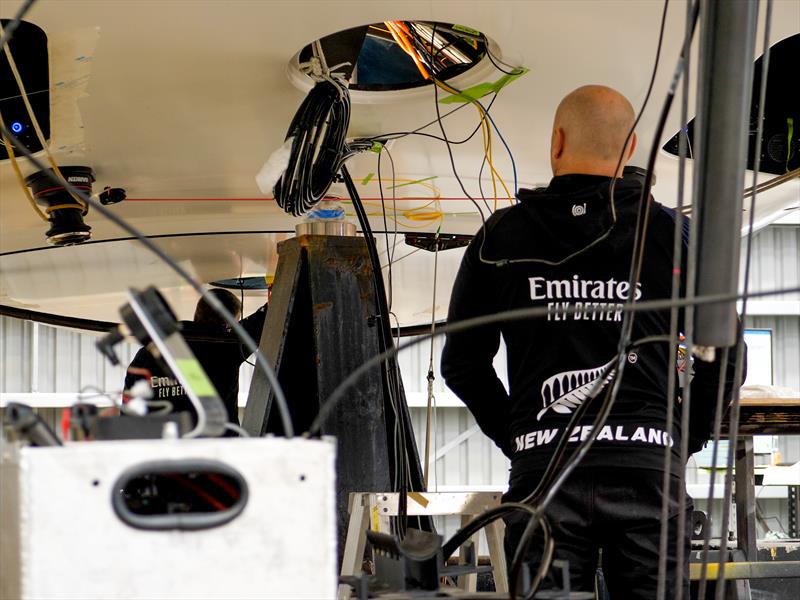 The downforce from the stress testing is transmitted through the mast step and onto a fabricated floor support  - September 2022 photo copyright Emirates Team NZ taken at Royal New Zealand Yacht Squadron and featuring the AC40 class