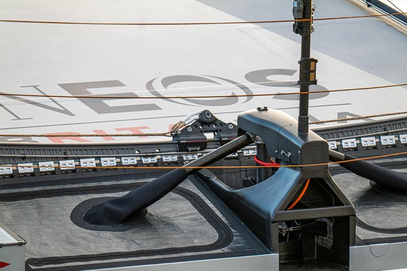 Rudder gantry, INEOS Britannia - Tow testing - December 7, 2022 - Mallorca photo copyright Ugo Fonolla / America's Cup taken at Royal Yacht Squadron and featuring the AC40 class