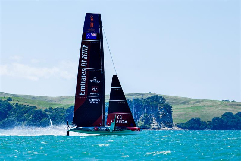 Sailing downwind past Motutapu Island - Emirates Team NZ - AC40-1|LEQ12 - January 20, 2023 - Hauraki Gulf - photo © Adam Mustill / America's Cup