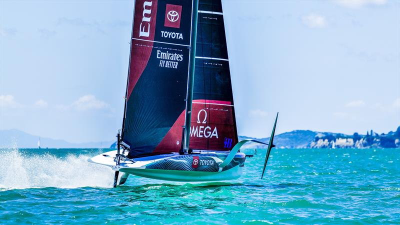 Crossing the Motuihe Channel - Emirates Team NZ -  AC40-1|LEQ12 - January 20, 2023 - Hauraki Gulf photo copyright Adam Mustill / America's Cup taken at Royal New Zealand Yacht Squadron and featuring the AC40 class