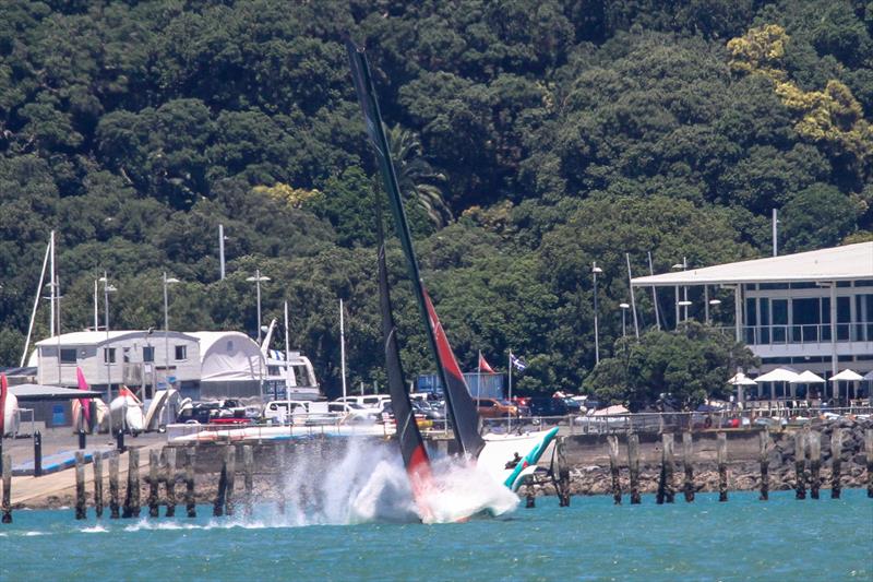 5. Bow hits water with LEQ12 still turning - Emirates Team NZ -  AC40-1|LEQ12 - January 23, 2023 - Waitemata Harbour - photo © Richard Gladwell - Sail-World.com/nz