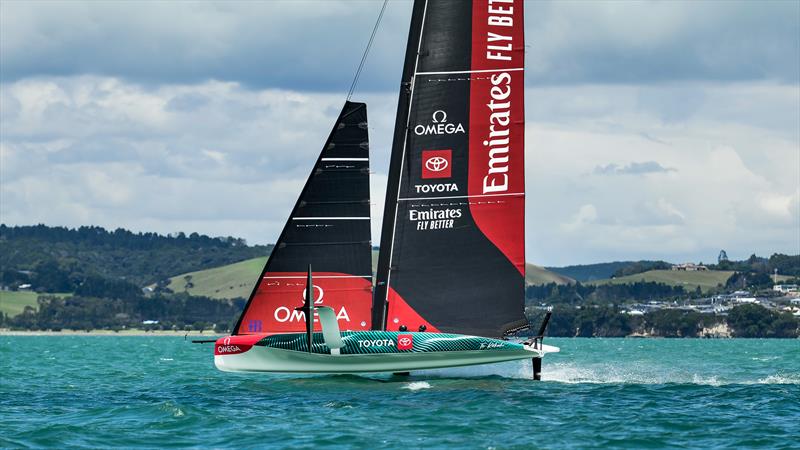 Emirates Team New Zealand's AC40-3  - sailing on Course E -  Hauraki Gulf - January 25, 2023 photo copyright Adam Mustill / America's Cup taken at Royal New Zealand Yacht Squadron and featuring the AC40 class