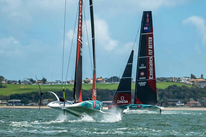 Emirates Team New Zealand  -   LEQ12 (nearest camera) and AC-40 OD  - February 7, 2023 - Eastern Beach, Auckland NZ photo copyright Adam Mustill / America's Cup taken at Royal New Zealand Yacht Squadron and featuring the AC40 class