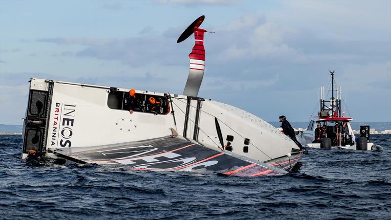 1555hrs: Towlines attached - Ben Ainslie cutting sheets - LEQ12 -  February 8, 2023 - Mallorca photo copyright Ugo Fonolla / America's Cup taken at Royal Yacht Squadron and featuring the AC40 class