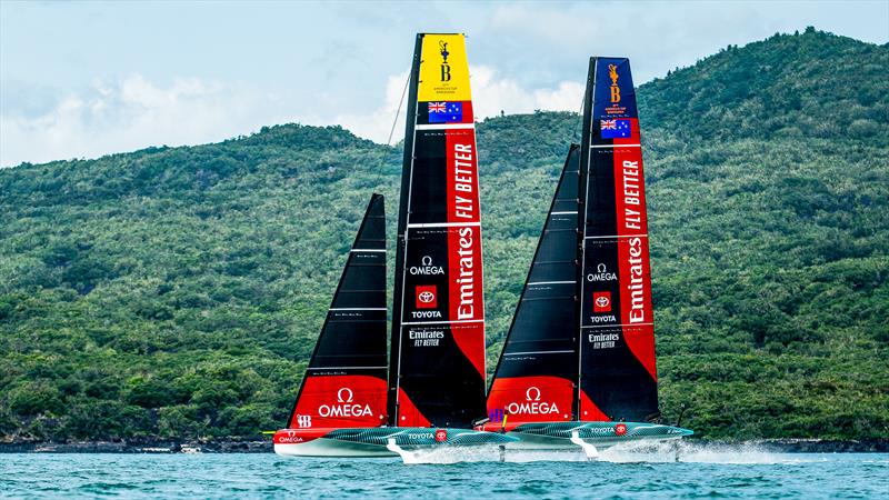 Emirates Team New Zealand  -  AC40-OD and LEQ12 - February 10, 2023 - Waitemata Harbour, Auckland NZ photo copyright Adam Mustill taken at Royal New Zealand Yacht Squadron and featuring the AC40 class