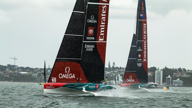 Emirates Team New Zealand  -  LEQ12 and AC40 - Day 21 - February 27, 2023 - Waitemata Harbour, Auckland NZ photo copyright Adam Mustill / America's Cup taken at Royal New Zealand Yacht Squadron and featuring the AC40 class