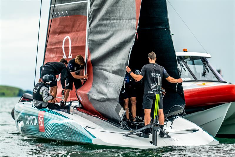 Emirates Team New Zealand  -  LEQ12 and AC40 - Day 21 - February 27, 2023 - Waitemata Harbour, Auckland NZ photo copyright Adam Mustill / America's Cup taken at Royal New Zealand Yacht Squadron and featuring the AC40 class