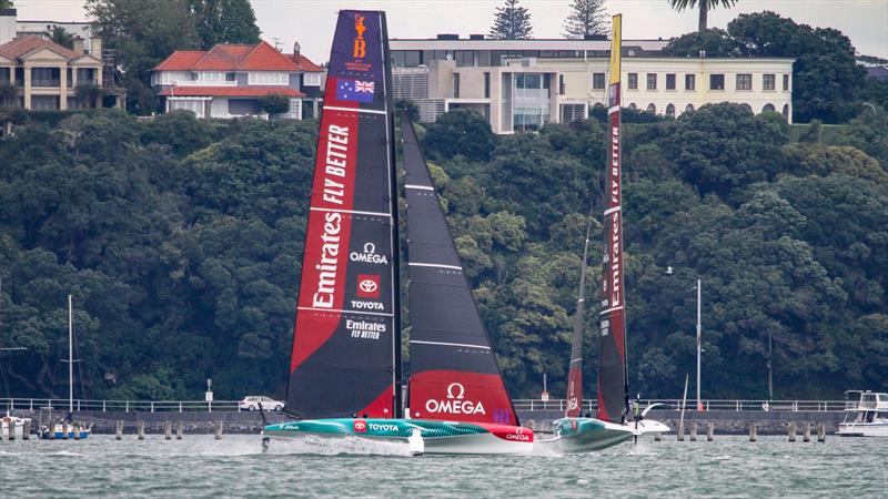 Emirates Team New Zealand  -  LEQ12 and AC40 - Day 21 - February 27, 2023 - Waitemata Harbour, Auckland NZ photo copyright Adam Mustill / America's Cup taken at Royal New Zealand Yacht Squadron and featuring the AC40 class