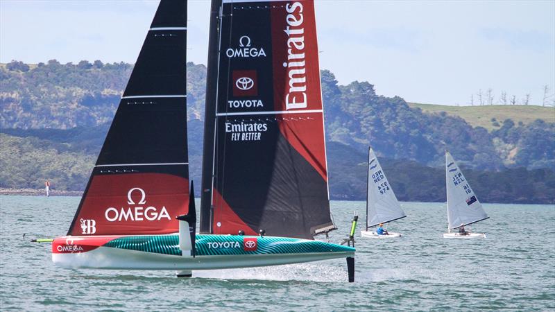 Emirates Team New Zealand  -  LEQ12 and Finns - Day 22 - February 28, 2023 - Waitemata Harbour, Auckland NZ photo copyright Richard Gladwell - Sail-World.com/nz taken at Royal New Zealand Yacht Squadron and featuring the AC40 class