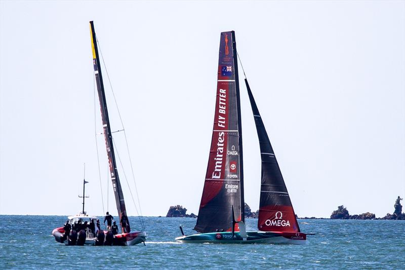 Emirates Team New Zealand  -  LEQ12 on a break and AC40 - Day 22 - February 28, 2023 - Waitemata Harbour, Auckland NZ photo copyright Richard Gladwell - Sail-World.com/nz taken at Royal New Zealand Yacht Squadron and featuring the AC40 class