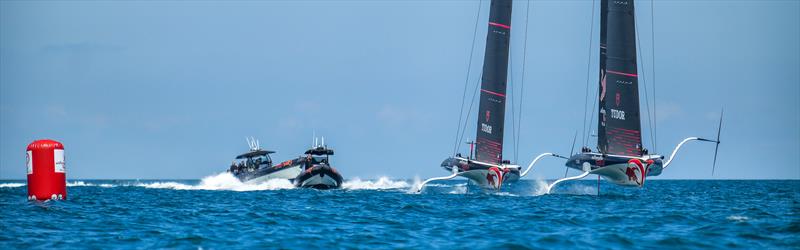 Alinghi Red Bull Racing - LEQ12 and  AC40-7 - Day 31/3, June 5, 2023 photo copyright Alex Carabi / America's Cup taken at Yacht Club de Genève and featuring the AC40 class