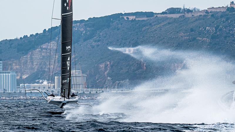 Chase boat and AC40 spray combines to make a spectacular display - American Magic - AC40 - Day 95 - February 21, 2024 - Barcelona photo copyright Ugo Fonolla / America's Cup taken at New York Yacht Club and featuring the AC40 class