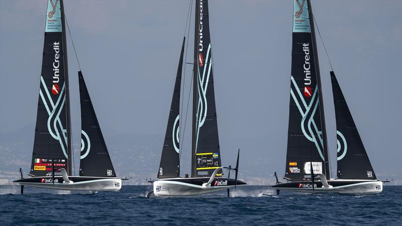 Swedish Challenge Youth Team Powered by Artemis Technologies, Luna Rossa Prada Pirelli Youth Team Italy, Sail Team BCN Youth Spain - AC40 - UniCredit Youth America's Cup Semi Final - September 24, 2024 photo copyright David Maynard / www.alleycatphotographer.com taken at  and featuring the AC40 class