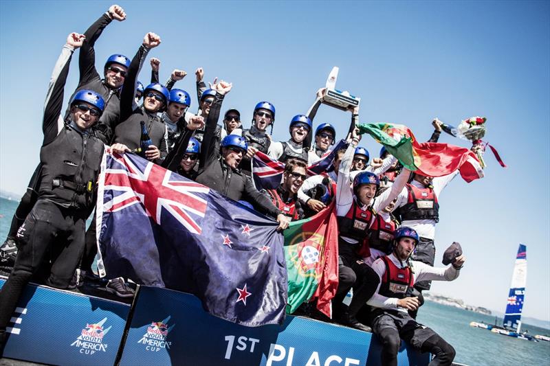 Members of NZL Sailing Team with ETNZ and Full Metal Jacket Racing of New Zealand celebrate with ROFF / Cascais Sailing Team of Portugal during the award ceremony of the Red Bull Youth Americas Cup in San Francisco - September 4, 2013 photo copyright Balazs Gardi taken at Real Club Nautico de Barcelona and featuring the AC40 class