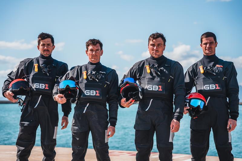 The GB1 race crew for the Preliminary Regatta Sardinia. Pictured left to right: Bleddyn Mon (Trimmer), Dylan Fletcher MBE (Helm and Skipper), Ben Cornish (Helm) and Andrea Tesei (Trimmer) photo copyright Cameron Gregory taken at  and featuring the AC40 class