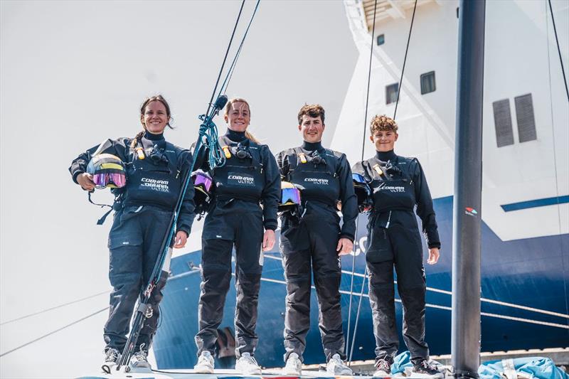 The Athena Pathway race crew for the Louis Vuitton 38th America's Cup Sardinia (l-r) Hannah Mills OBE and Ellie Aldridge MBE, Matt Beck, Sam Webb photo copyright Cameron Gregory taken at  and featuring the AC40 class