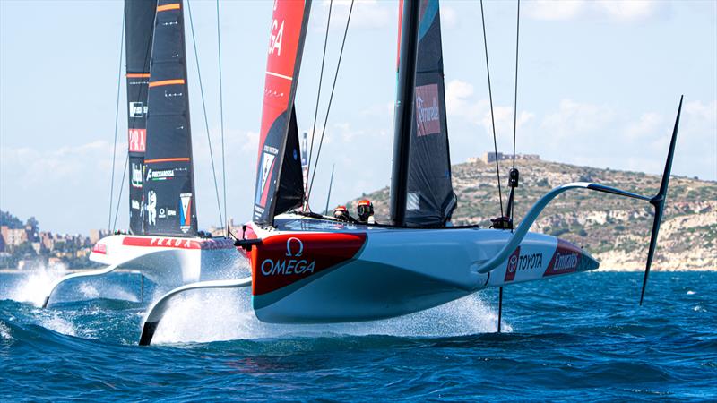 Emirates Team NZ ahead of Luna Rossa - Fleet Practice - Preliminary Regatta Sardinia - Louis Vuitton 38th America's Cup -  - photo © Ian Roman / America's Cup