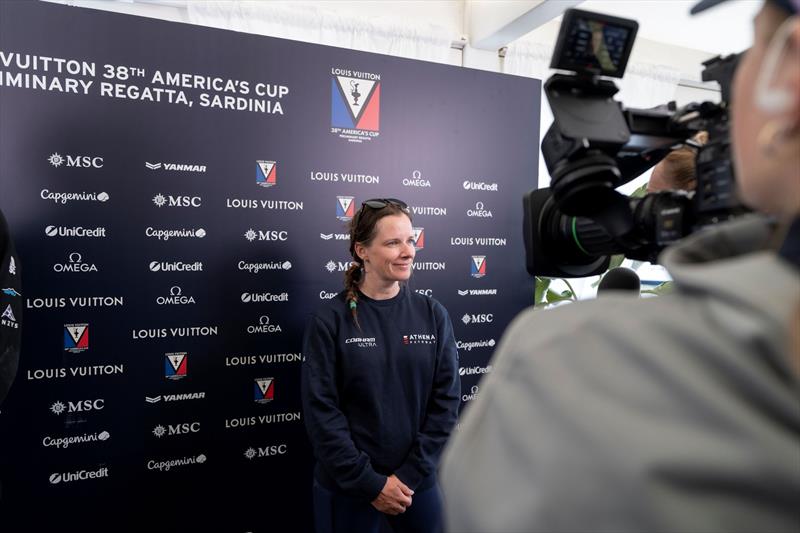 Hannah Mills. Athena Pathway CEO, skipper and helm on day 1 - Louis Vuitton 38th America's Cup - Preliminary Regatta Sardinia - May 22, 2026 - photo © GB1
