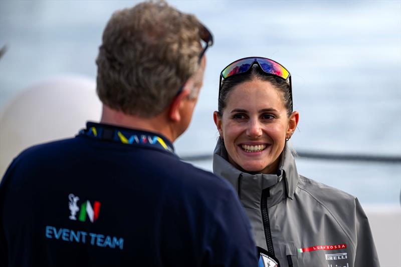 Margherita Porro talking in the media pen with Magnus Wheatley on day 1 - Louis Vuitton 38th America's Cup - Preliminary Regatta Sardinia - May 22, 2026 photo copyright David Maynard / www.alleycatphotographer.com taken at Circolo Canottieri Napoli and featuring the AC40 class
