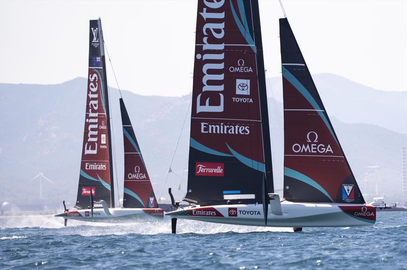 Emirates Team NZ Blue (nearest the camera) and ETNZGrey - Louis Vuitton 38th America's Cup Preliminary Regatta - Day 3 - May 24, 2026 - photo © Ivo Rovira / America's Cup