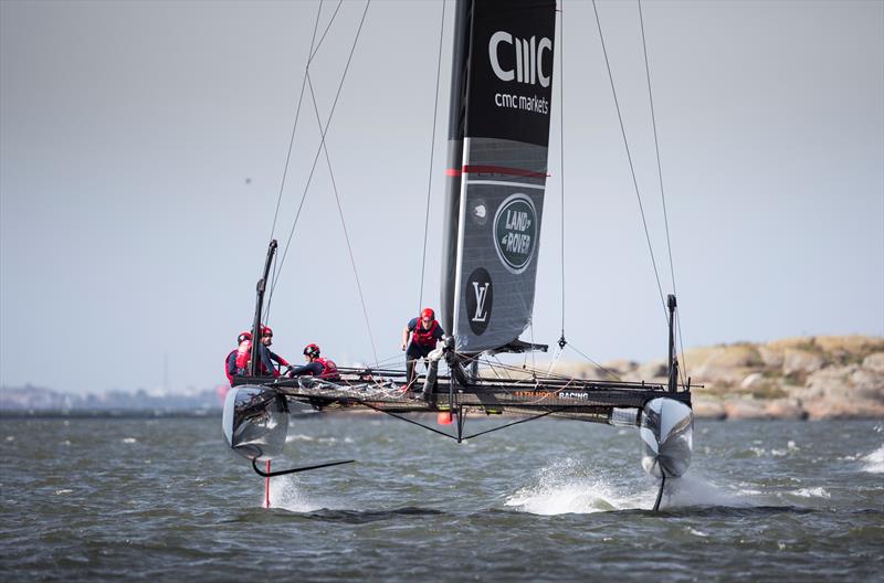 Land Rover BAR on the downwind leg during race two on day 1 at Louis Vuitton America's Cup World Series Gothenburg - photo © Lloyd images