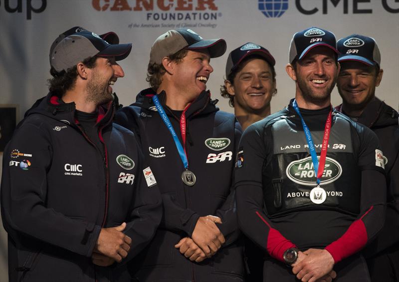 Land Rover BAR on the podium at Louis Vuitton America's Cup World Series Chicago photo copyright Lloyd Images taken at  and featuring the AC45 class