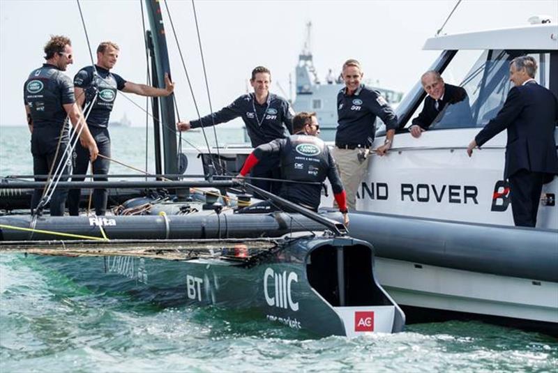 HRH The Duke of Edinburgh visits team Land Rover BAR on the water - photo © Shaun Roster