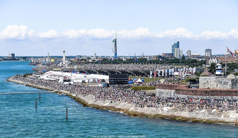 Huge crowds watch the action at Louis Vuitton America's Cup World Series Portsmouth photo copyright Ricardo Pinto / ACEA 2016 taken at  and featuring the AC45 class