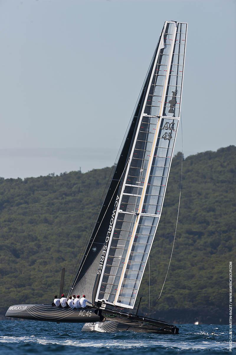 The first sail for the AC45 wing-sail catamaran photo copyright Gilles Martin-Raget / www.americascup.com taken at  and featuring the AC45 class