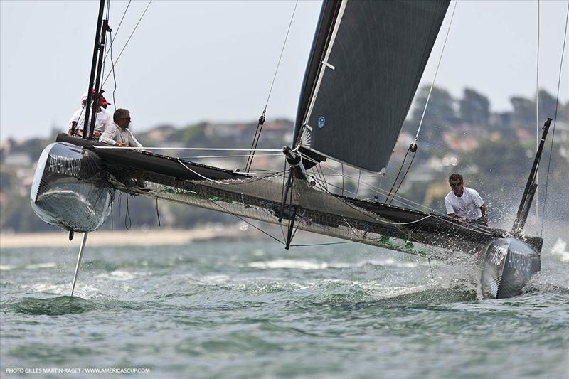 The first sail for the AC45 wing-sail catamaran photo copyright Gilles Martin-Raget / www.americascup.com taken at  and featuring the AC45 class