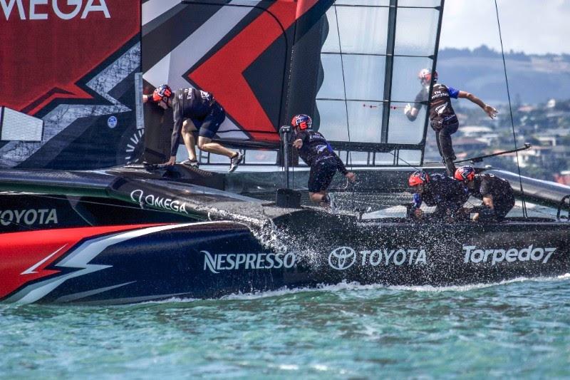 Emirates Team New Zealand practicing in Auckland photo copyright Hamish Hooper / ETNZ taken at  and featuring the AC50 class