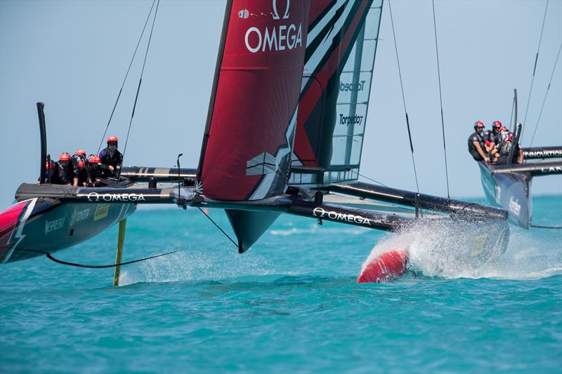 Land Rover BAR crash into Emirates Team New Zealand during practice racing in Bermuda photo copyright Hamish Hooper / Emirates Team New Zealand taken at  and featuring the AC50 class