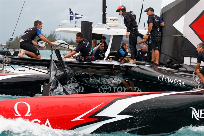 Emirates Team New Zealand capsize on the second day of the Louis Vuitton America's Cup Challenger Playoffs photo copyright Richard Hodder / ETNZ taken at  and featuring the AC50 class