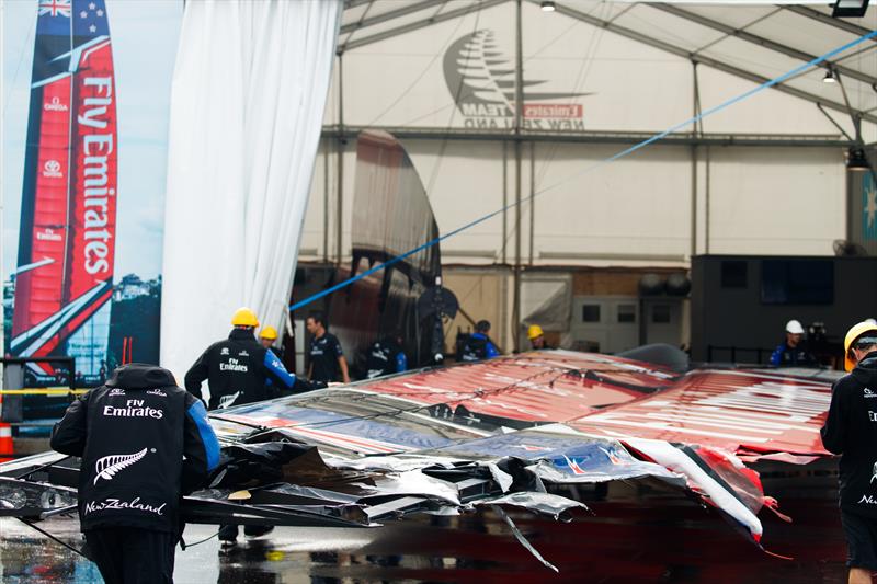 Emirates Team New Zealand capsize on the second day of the Louis Vuitton America's Cup Challenger Playoffs - photo © Richard Hodder / ETNZ