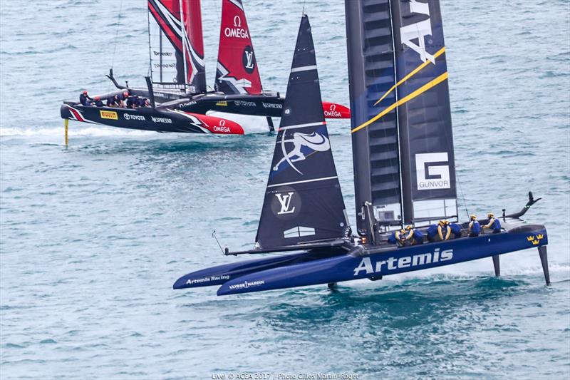 Emirates Team New Zealand vs. Artemis Racing on day one of the Louis Vuitton America's Cup Challenger Playoffs photo copyright ACEA 2017 / Gilles Martin-Raget taken at  and featuring the AC50 class