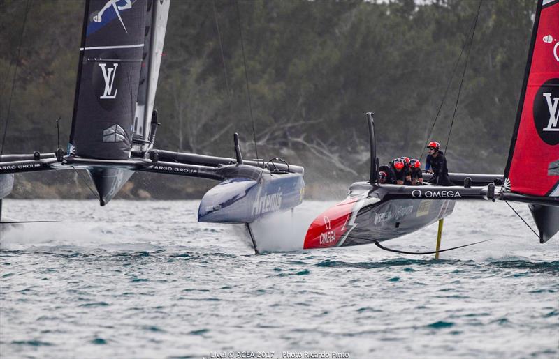 Emirates Team New Zealand vs. Artemis Racing on day one of the Louis Vuitton America's Cup Challenger Playoffs photo copyright ACEA 2017 / Ricardo Pinto taken at  and featuring the AC50 class