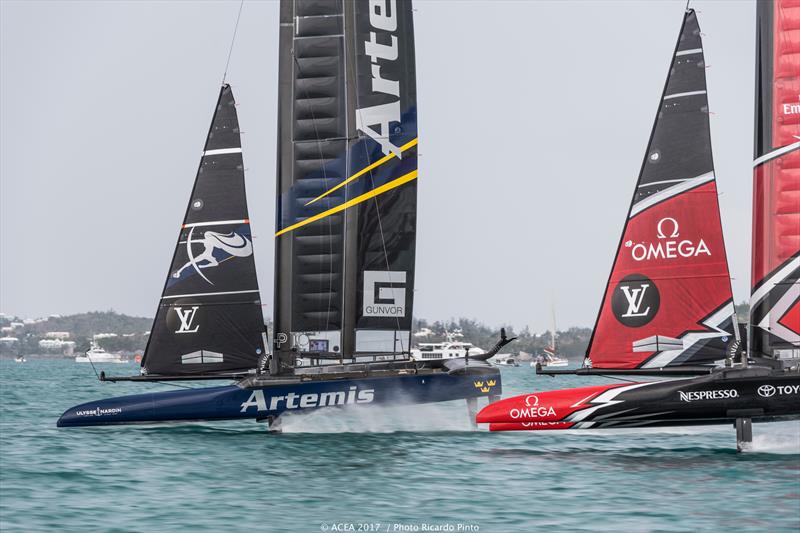 Emirates Team New Zealand vs. Artemis Racing on day one of the Louis Vuitton America's Cup Challenger Playoffs photo copyright ACEA 2017 / Ricardo Pinto taken at  and featuring the AC50 class