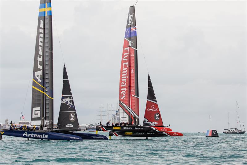 Emirates Team New Zealand vs. Artemis Racing on day one of the Louis Vuitton America's Cup Challenger Playoffs photo copyright Richard Hodder / ETNZ taken at  and featuring the AC50 class