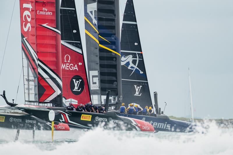 Emirates Team New Zealand vs. Artemis Racing on day one of the Louis Vuitton America's Cup Challenger Playoffs photo copyright Richard Hodder / ETNZ taken at  and featuring the AC50 class