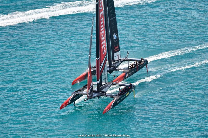 Emirates Team New Zealand dominate ORACLE TEAM USA on day 1 of the 35th America's Cup Match photo copyright ACEA 2017 / Ricardo Pinto taken at  and featuring the AC50 class
