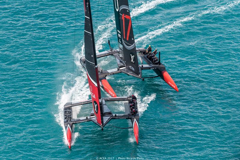 Emirates Team New Zealand dominate ORACLE TEAM USA on day 1 of the 35th America's Cup Match photo copyright ACEA 2017 / Ricardo Pinto taken at  and featuring the AC50 class